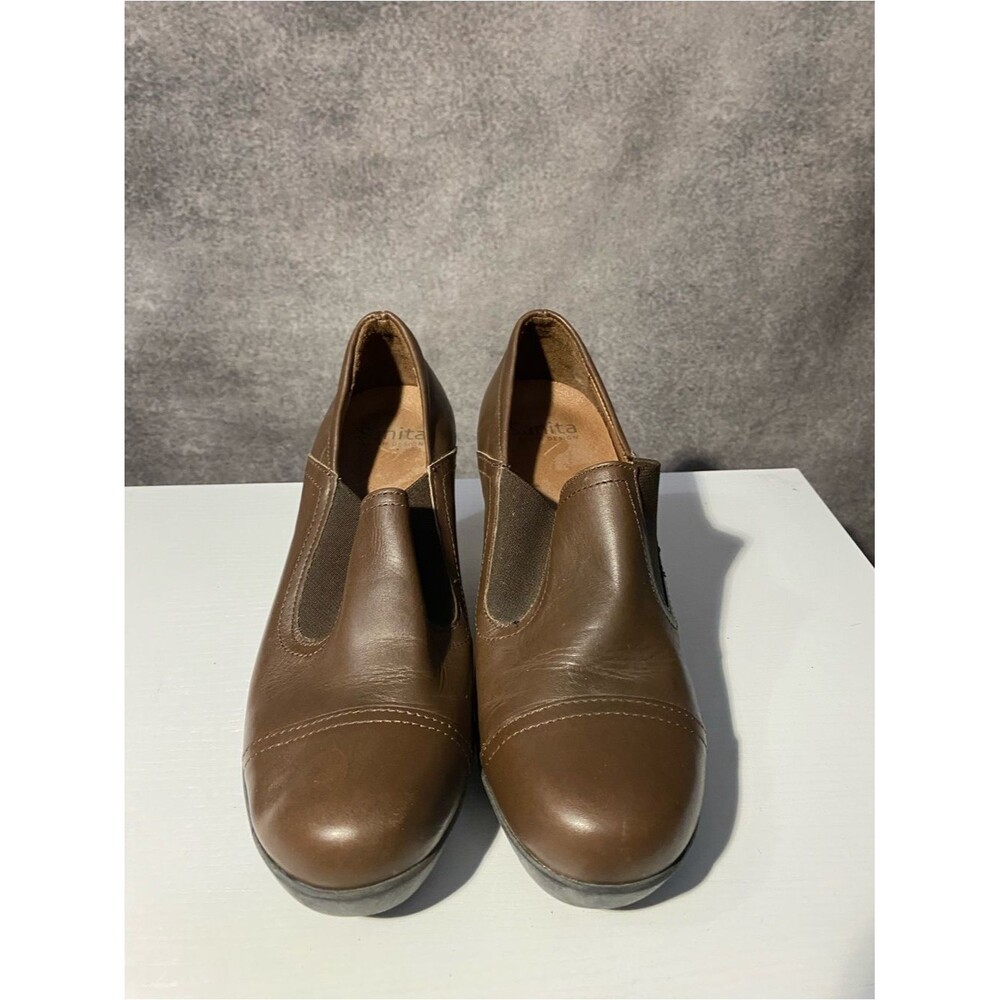 Sanita Danish Design Brown Leather Wedge Clogs Slip-On Shoes Women's Size 6.5–7)